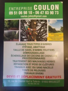 ENT COULON Pose de clôture Elagage / Abattage /création de Pelouse Breuillet/St cheron/Arpajon/Dourdan/Etampes/Essonne à Breuillet