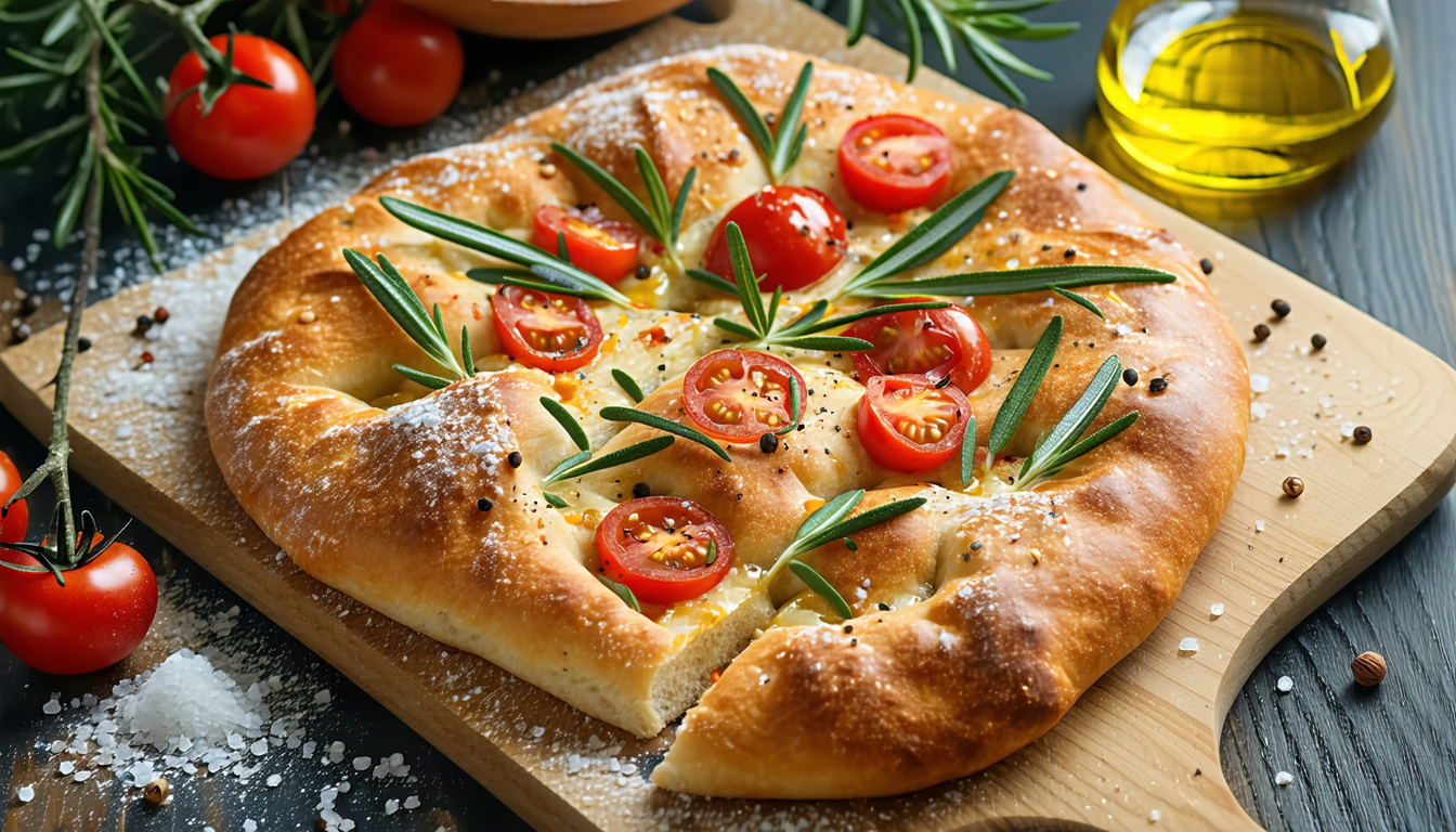 savourez la focaccia barese, une fougasse italienne moelleuse garnie d'huile d'olive, tomates et olives. découvrez notre recette authentique pour un voyage gourmand en italie !