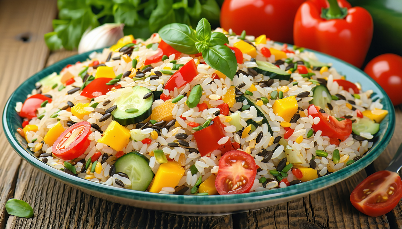 découvrez notre délicieuse salade colorée, un trio de riz savoureux agrémenté de légumes croquants. fraîcheur, saveur et vitalité au rendez-vous pour un repas sain et gourmand !