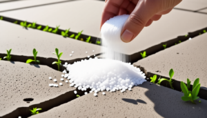 Déposer du sel dans les fentes du béton pour éliminer les herbes