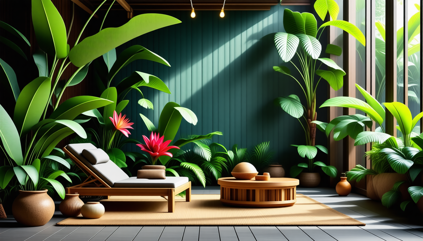 apportez une touche de vacances à votre intérieur en associant flore tropicale luxuriante et mobilier en bois exotique. créez une ambiance chaleureuse, dépaysante et naturelle, idéale pour s'évader au quotidien.
