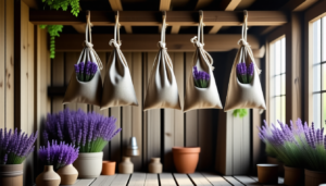 Suspendre des sachets de lavande pour parfumer abri de jardin et éviter mites